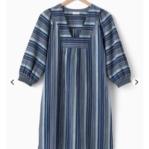 GARNET HILL SHIMMERING GAUZE SHIFT DRESS Small Blue Striped Boho Organic Cotton